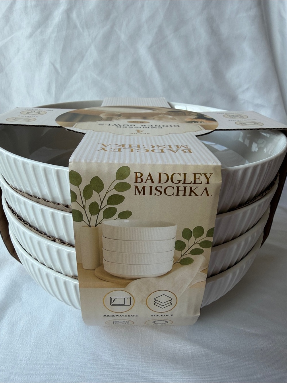 Badgley Mischka Cream Embossed Dinner Bowls - Set of 4